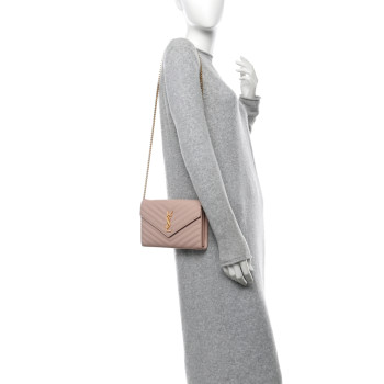 SAINT LAURENT Grain De Poudre Matelasse Chevron Monogram Chain Wallet Pale Pink