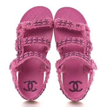 CHANEL Tweed Chain Sandals 38.5 Pink