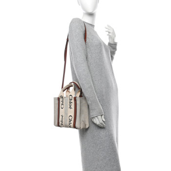 CHLOE Cotton Calfskin Small Woody Ribbon Tote With Strap White Brown