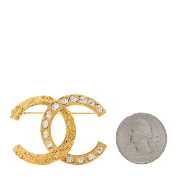 CHANEL Metal Quilted Crystal CC Brooch Light Gold