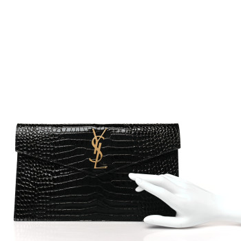 SAINT LAURENT Calfskin Crocodile Embossed Uptown Monogram Pouch Black