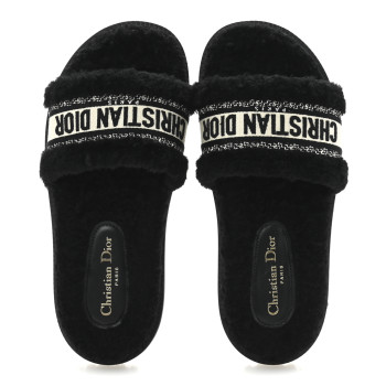 CHRISTIAN DIOR Shearling Canvas Lurex Embroidered Dway 10mm Slide Sandals 40 Black Natural
