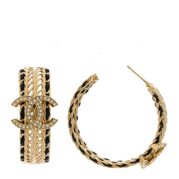 CHANEL Crystal Lambskin CC Double Chain Hoop Earrings Gold Black