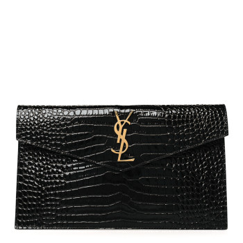 SAINT LAURENT Calfskin Crocodile Embossed Uptown Monogram Pouch Black