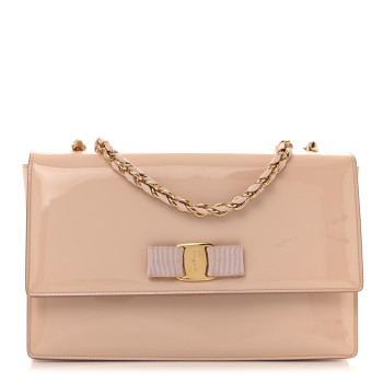 SALVATORE FERRAGAMO Patent Calfskin Vara Bow Chain Flap Crossbody Beige