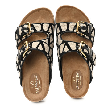 VALENTINO GARAVANI Toile Iconographe Vlogo Slide Sandals 38 Naturale Black Fondant