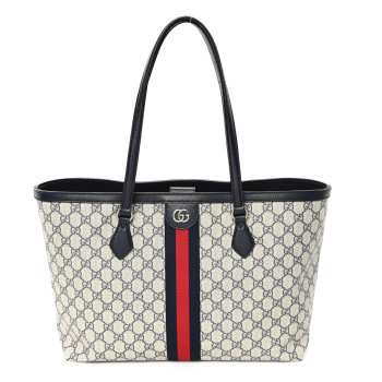 GUCCI GG Supreme Monogram Textured Calfskin Web Medium Ophidia Shopping Tote Beige Blue