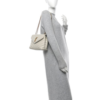 SAINT LAURENT Calfskin Y Quilted Monogram Small Loulou Chain Satchel Crema Soft