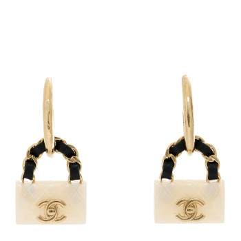 CHANEL Metal Resin Calfskin Quilted CC Turnlock Chain Bag Earrings Gold White