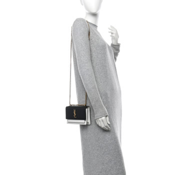 SAINT LAURENT New Aspen Calfskin Bi-Color Monogram Sunset Chain Wallet Black Dirty White