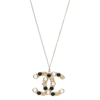 CHANEL Crystal Pearl CC Chain Necklace Gold Black