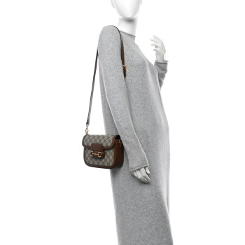 GUCCI GG Supreme Monogram Web Mini Horsebit 1955 Shoulder Bag Beige Brown Sugar