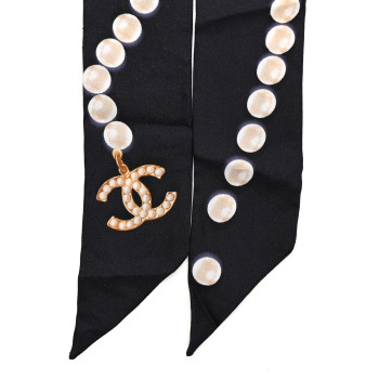 CHANEL Silk Pearl CC Slim Bandeau Scarf Dark Navy