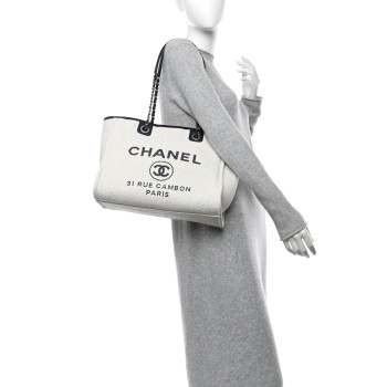 CHANEL Woven Straw Raffia Small Deauville Tote White Navy