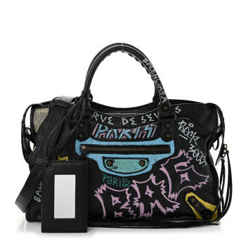 BALENCIAGA Agneau Graffiti All Over Classic Hardware City Black Multicolor
