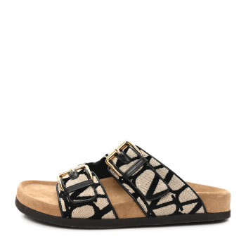 VALENTINO GARAVANI Toile Iconographe Vlogo Slide Sandals 38 Naturale Black Fondant