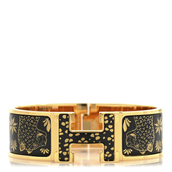 HERMES Enamel Wide Printed Les Leopards Clic Clac H Bracelet GM Black Gold