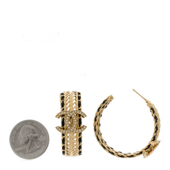 CHANEL Crystal Lambskin CC Double Chain Hoop Earrings Gold Black