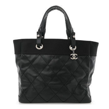 CHANEL Coated Canvas Quilted Large Paris Biarritz Tote Black