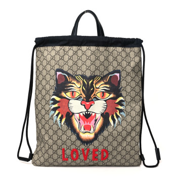 GUCCI GG Supreme Monogram Angry Cat Drawstring Backpack