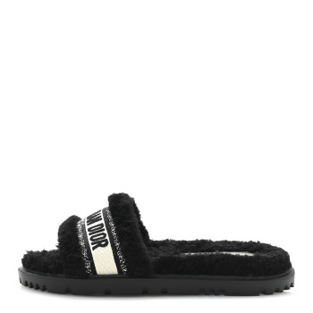 CHRISTIAN DIOR Shearling Canvas Lurex Embroidered Dway 10mm Slide Sandals 40 Black Natural