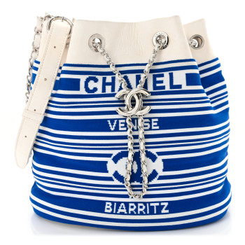 CHANEL Mixed Fibers Lambskin Venise Biarritz Drawstring Bucket Bag Blue White