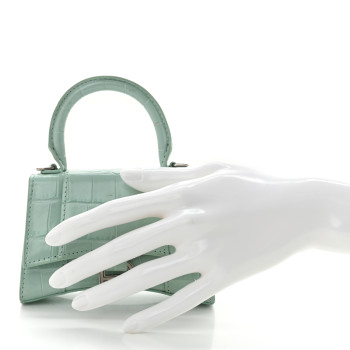 BALENCIAGA Shiny Calfskin Crocodile Embossed Hourglass Top Handle Bag Mini with Chain Green Acqua