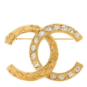 CHANEL Metal Quilted Crystal CC Brooch Light Gold
