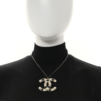 CHANEL Crystal Pearl CC Chain Necklace Gold Black
