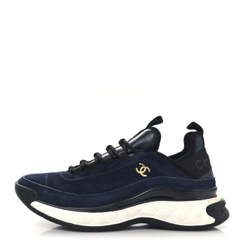 CHANEL Suede Calfskin Nylon Grosgrain CC Sneakers 39 Navy Blue