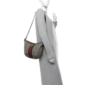 GUCCI GG Supreme Monogram Web Small Ophidia Half Moon Hobo Brown