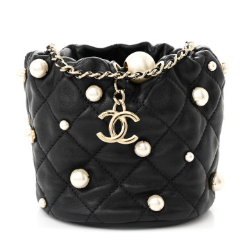 CHANEL Lambskin Quilted Pearl Mini About Pearls Drawstring Bag Black