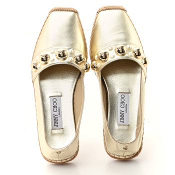 JIMMY CHOO Metallic Lambskin Pearl Dru Espadrille Flats 37 Gold