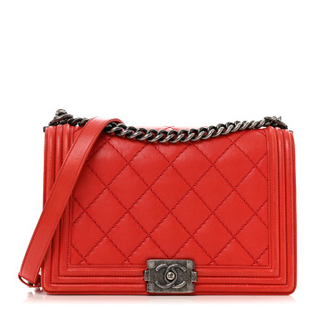 CHANEL Calfskin Double Stitch New Medium Boy Flap Red