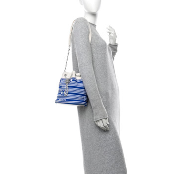 CHANEL Mixed Fibers Lambskin Venise Biarritz Drawstring Bucket Bag Blue White