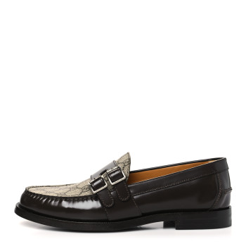 GUCCI GG Supreme Monogram Mens Double Buckle Loafers 9 Beige Ebony Cocoa