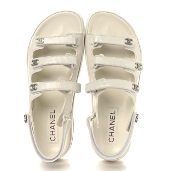 CHANEL Lambskin Crystal CC Velcro Dad Sandals 39 White