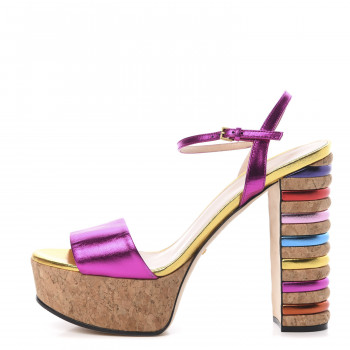 GUCCI Metallic Nappa Cork Claudie Platform Sandals 38 Fuchsia Multi