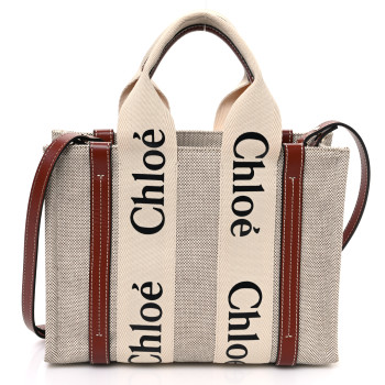 CHLOE Cotton Calfskin Small Woody Ribbon Tote With Strap White Brown