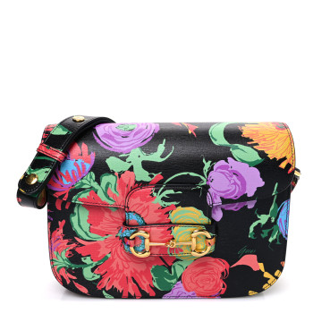 GUCCI X KEN SCOTT New Shangai Calfskin Jenny Floral Print Horsebit 1955 Shoulder Bag Black Pink