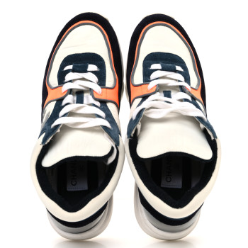 CHANEL Nylon Calfskin Suede CC Womens Sneakers 38.5 Navy White Orange
