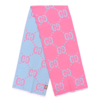 GUCCI Wool Silk Monogram Jumbo GG Freedom Scarf Roseate Sky Blue