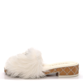 CHANEL Shearling Lambskin CC Mules Sandal 38 White Black