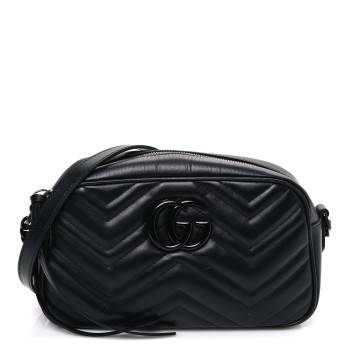 GUCCI Calfskin Matelasse Monochrome Small GG Marmont Chain Shoulder Bag Black