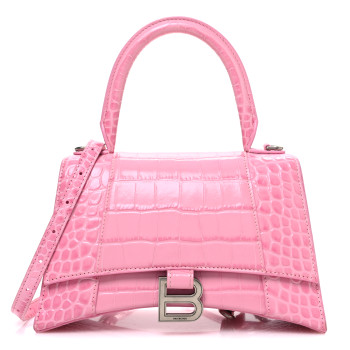 BALENCIAGA Shiny Calfskin Crocodile Embossed Small Hourglass Top Handle Bag Candy Pink