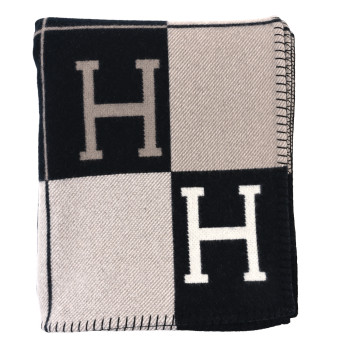 HERMES Wool Cashmere Avalon Blanket Ecru Gris Fonce