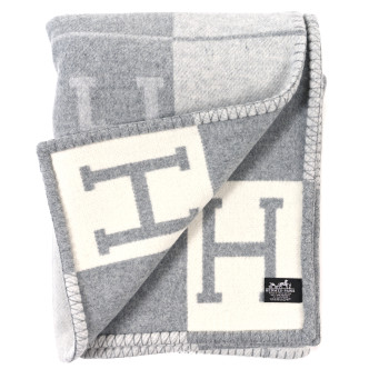 HERMES Wool Cashmere Avalon III Blanket Ecru Gris Clair