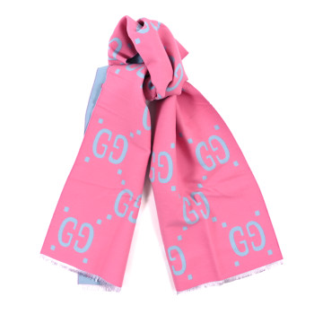 GUCCI Wool Silk Monogram Jumbo GG Freedom Scarf Roseate Sky Blue