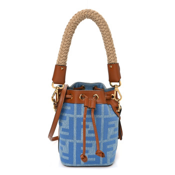 FENDI Denim Vitello King F is Fendi FF Embroidered Mini Mon Tresor Bucket Bag Denim Chiaro Brandy