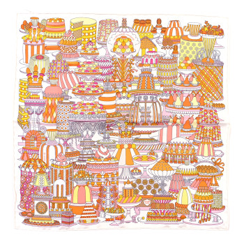HERMES Silk La Patisserie Francaise Scarf 45 White Orange Jaune